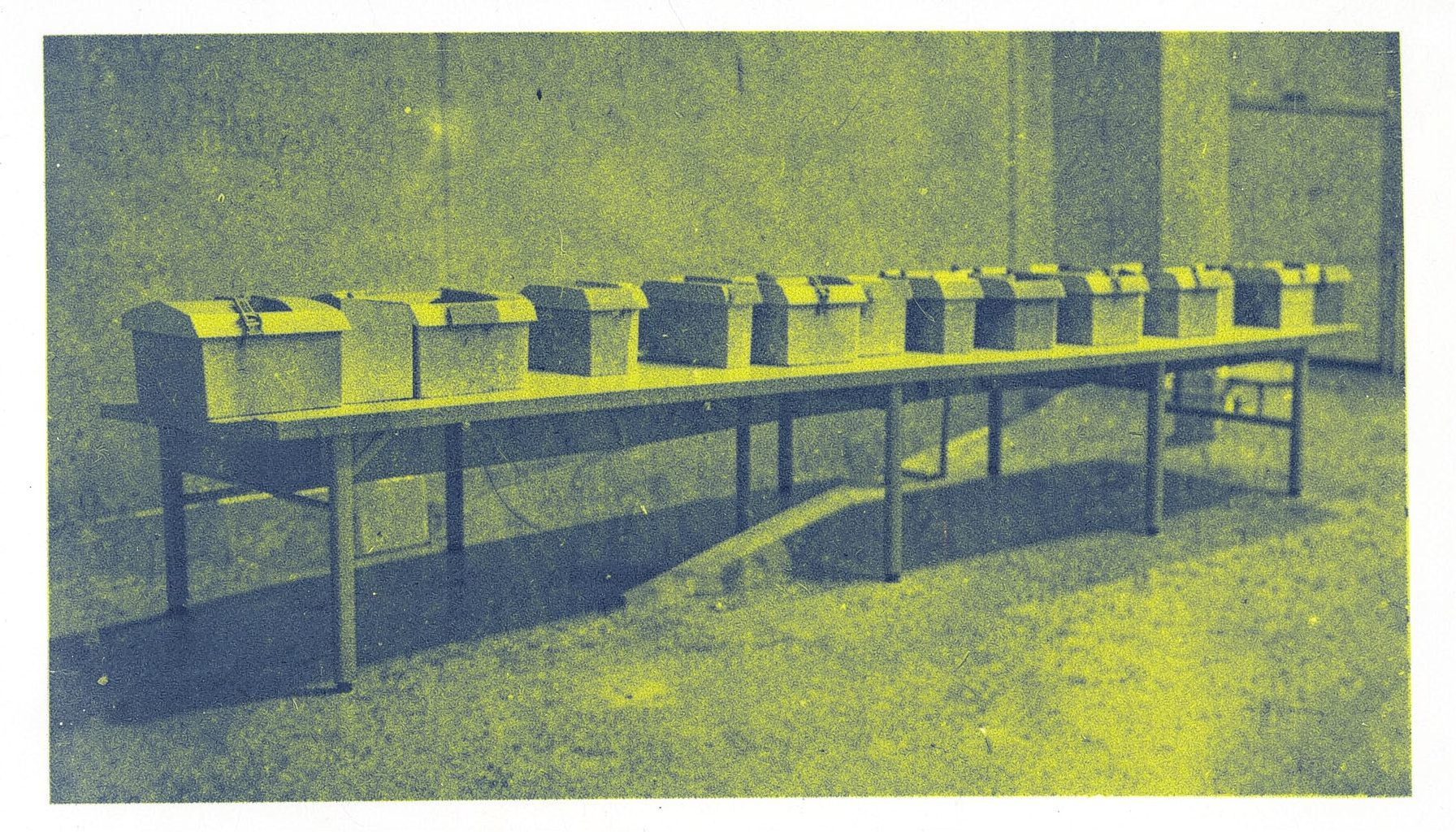 A two-ink risograph print in muted olive and slate blue: a row of uniform ballot boxes lined up on a long institutional table, with soft shadows stretching across the floor.