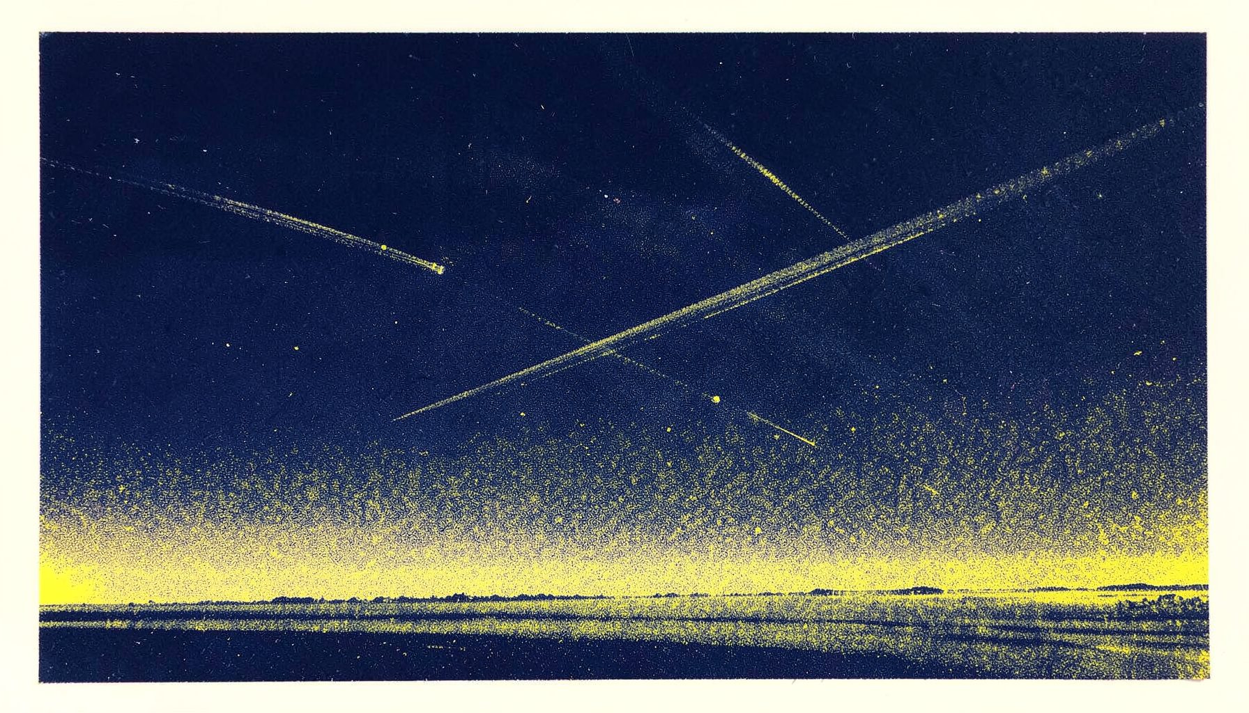 A two-ink risograph print in deep navy and pale sand: a low horizon line under a wide sky, with faint contrail streaks arcing across the upper half of the frame.